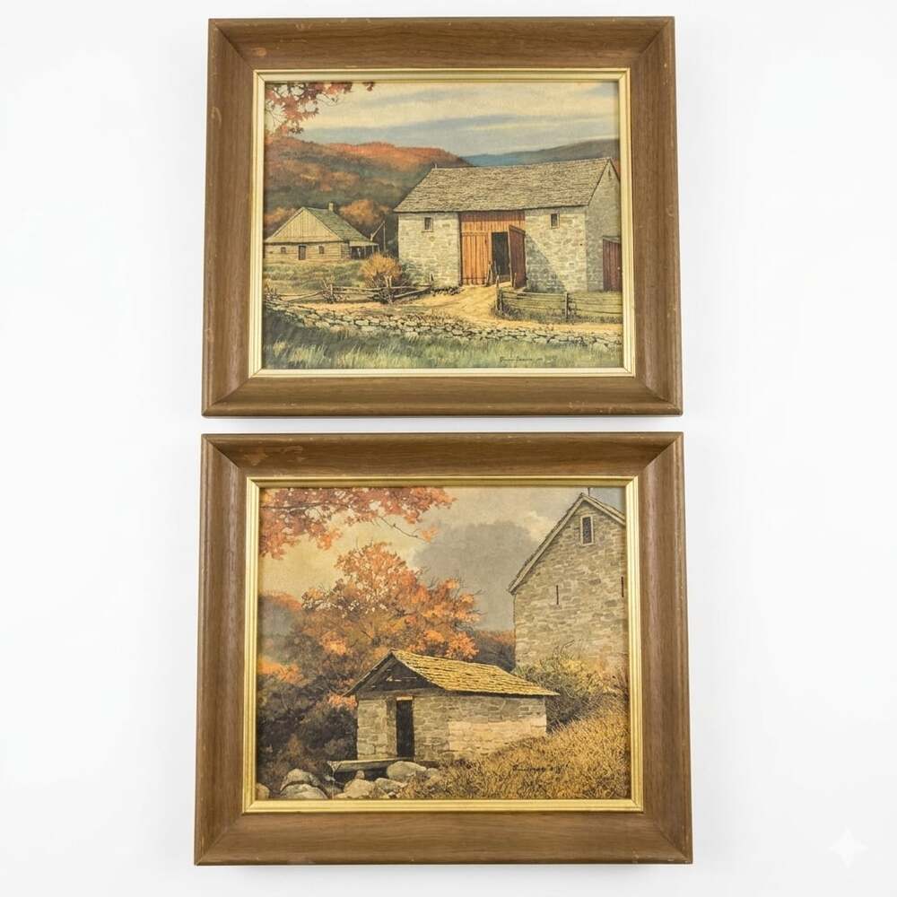 Vintage Eric Sloane Americana Art Crest Framed Prints  Set of 2. 10”x12”